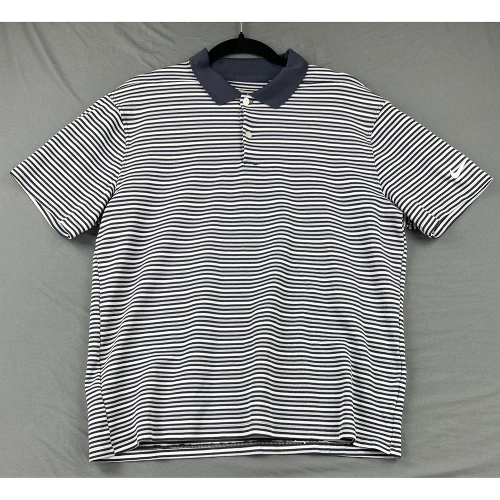 Nike Dri-FIT Polo Shirt Mens Large L Blue White Stripe Golf Fair Snags Frayed
